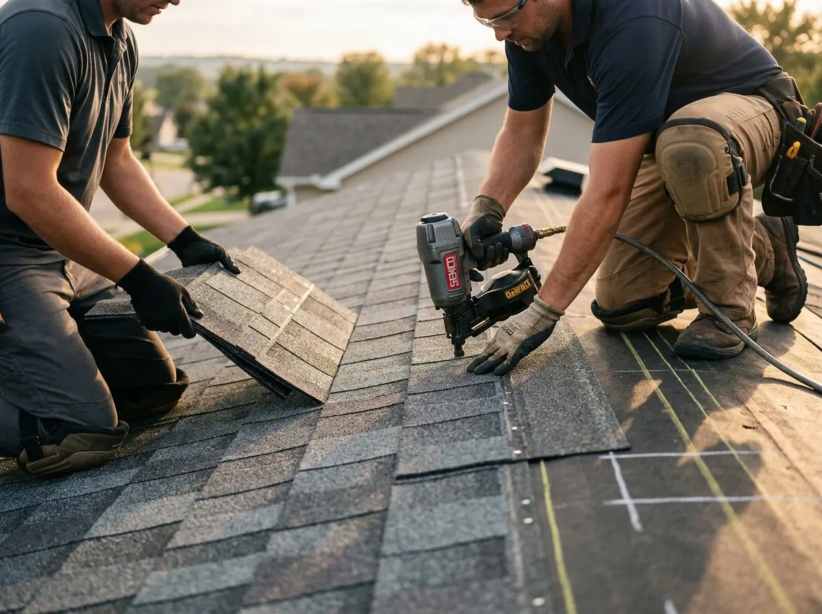 Professional roofer working on a residential roof in Spring Valley